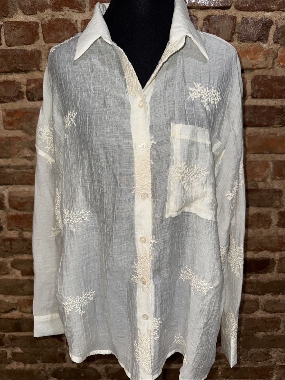 Peach Sheer Floral Embroidered Ethereal Feminine Ivory Blouse Sz L Beachy Vacay